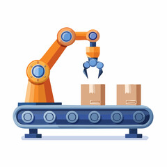 Automated Robotic Arm Handling Cardboard Boxes On Conveyor Belt