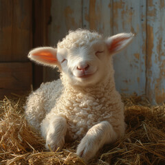 Lamb perched on hay in front of barn.