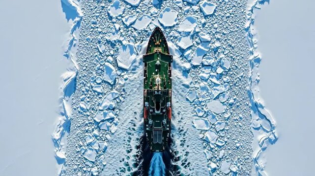 An icebreaker ship forges a path through the frozen polar sea, a stunning aerial top-down view of navigation in the icy ocean