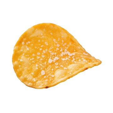A single, vibrant golden-brown potato chip with crisp, irregular edges and iridescent sea salt flakes on its ruffled surface, isolated on a transparent background with bright studio lighting, concept