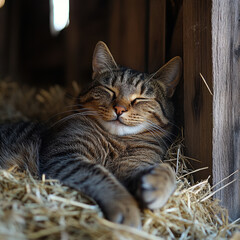 Cat sleeping peacefully in a barn.