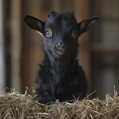 Baby goat perched on hay pile.