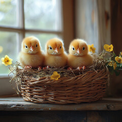 chicks in a basket with flowers.