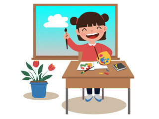 A smiling girl holding a paintbrush and color palette, sitting at a desk with books and art supplies. Perfect for education materials, school posters, creative learning concepts, and parenting content