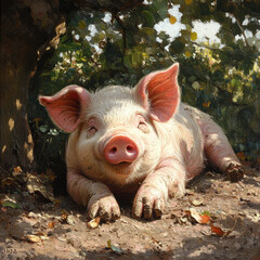 A pig laying on the ground.