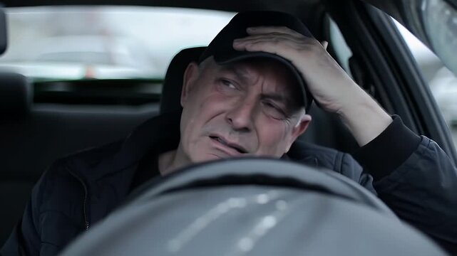 Distressed Senior Man Crying in Car