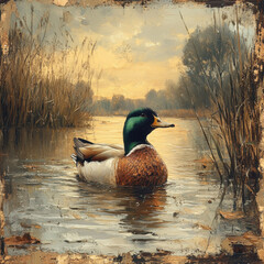 Duck swimming in pond.