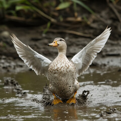 Duck flapping wings in water.