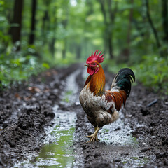 Rooster strides confidently on muddy road.