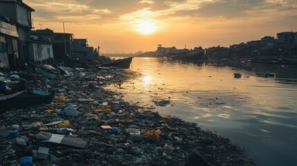 Sunset Over a River Polluted with Trash and Debris