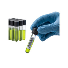 Scientist's Hand in Blue Glove Holding a Test Tube with Green Liquid and Barcode, Multiple Test