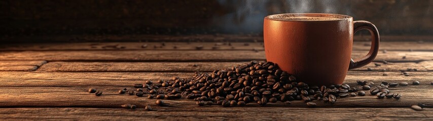Steaming Cup of Coffee with Coffee Beans on Rustic Wooden Surface