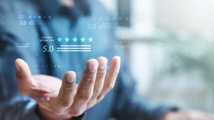 Satisfaction customer survey. Feedback review positive. Evaluation employee performance. Client service experience. Customer service concept.