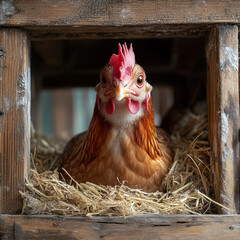 Chicken in wooden coop.