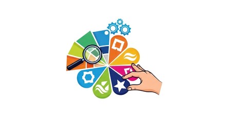 Hand selecting star icon from colorful design elements with magnifying glass