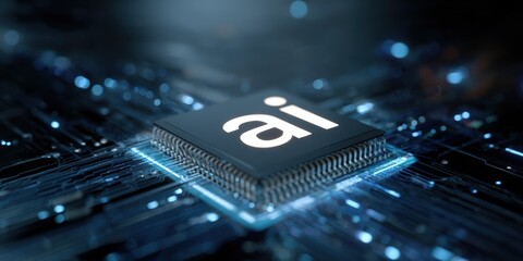 Close-up of a high-tech processor chip on a circuit board, glowing with blue light