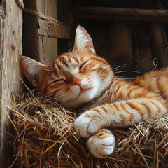 Cat sleeping on hay pile.