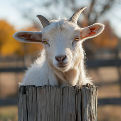 Goat with horns stuck in wooden fence.