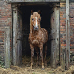 A horse standing in barn doorway.