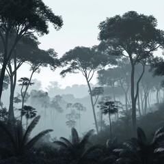 Misty Jungle Landscape with Palm Trees and Tall Trees
