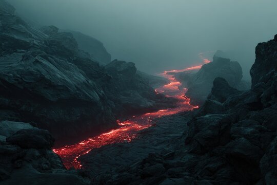 Lava flowing through a volcanic landscape