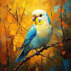 Bird perched on a branch in painting.