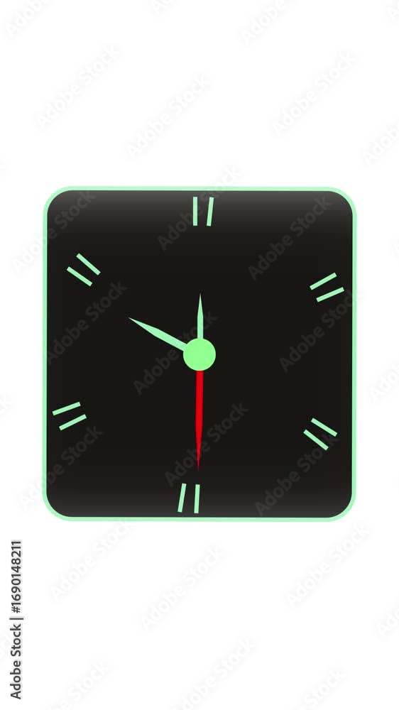 Poster vertical video animated clock minimalist style black background green accent red hour hand time laps