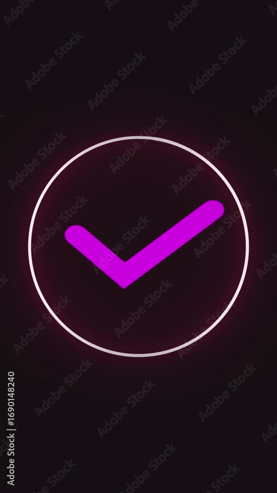 Poster neon checkmark animation loop vertical video purple pink glowing sign approval success confirmation 