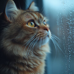 Cat gazes out window at rain.