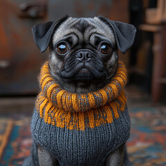 Pug wearing yellow and grey scarf.