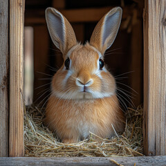 A rabbit sitting in a wooden box.