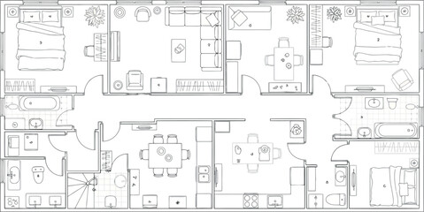 Vector vector art of architectural blueprint of a modern apartment floor plan with furniture layout and room divisions transparent background