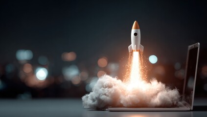 Obraz premium Rocket launching from a laptop, against a dark, out-of-focus cityscape background