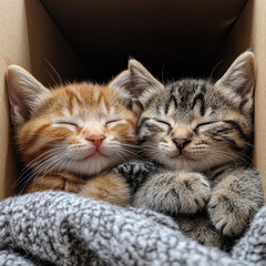 kittens sleeping in a cardboard box.