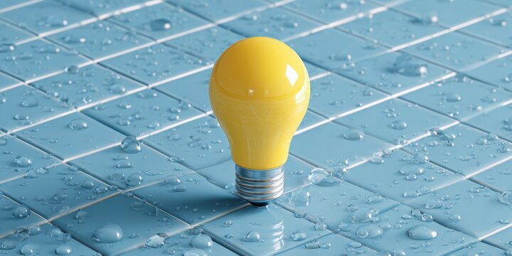 Yellow light bulb on wet blue tiles