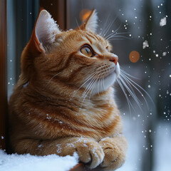 Cat sitting on snowy windowsill.