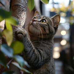 Cat reaching up tree branch.