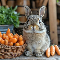 Rabbit sitting next to carrots basket.