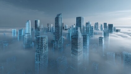A futuristic city rising above a sea of clouds.  A digital cityscape