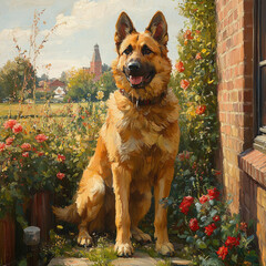 Dog sitting in a garden in a painting.
