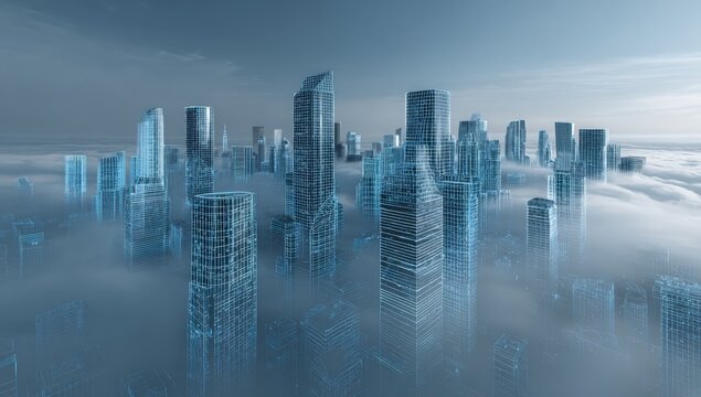 A futuristic city rising above a sea of clouds.  A digital cityscape - Powered by Adobe