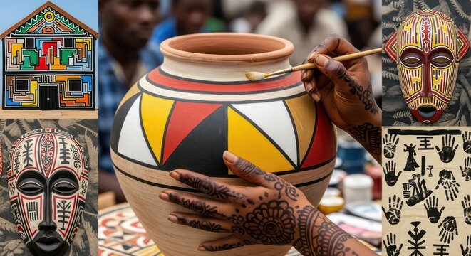 African Art Collage: Painted Pottery, Geometric House, Tribal Masks, and Handprint Designs