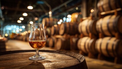 Amber liquid in glass on wooden barrel, distillery warehouse
