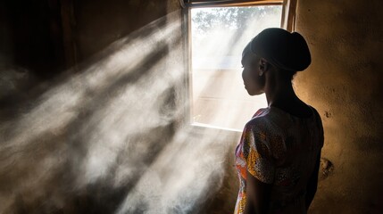 Woman Silhouetted by Light Streaming Through Window