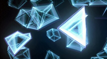 Dynamic abstract crystalline structures pulse with vibrant neon blue light against a dark cosmic backdrop, creating an ethereal digital motion sequence. - Powered by Adobe