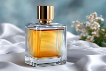 Elegant perfume bottle sitting on white silk with golden cap