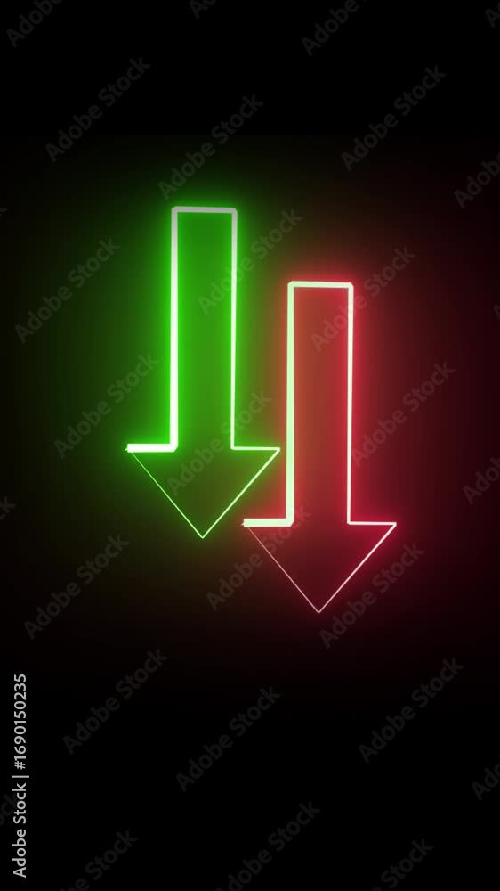 Poster motion graphics animation neon arrows downward glowing vertical video. technology digital interface 