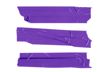 Purple adhesive tape set isolated on a transparent PNG background. Torn masking tape, paper sticker with ripped edges. Realistic scotch template mockup for labels, messages, text, and design elements.