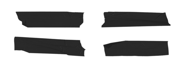 Black adhesive tape set isolated on a transparent PNG background. Torn masking tape, paper sticker with ripped edges. Realistic scotch template mockup for labels, messages, text, and design elements.