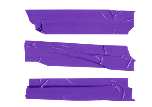 Purple adhesive tape set isolated on a transparent PNG background. Torn masking tape, paper sticker with ripped edges. Realistic scotch template mockup for labels, messages, text, and design elements.